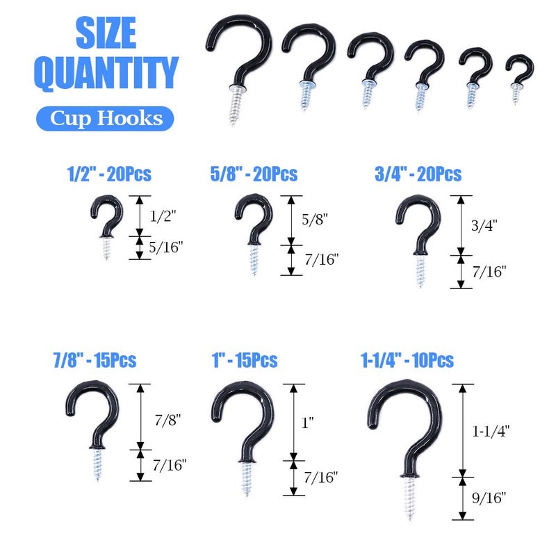 Glarks 100-Pieces 6 Sizes Black Vinyl Coated Cup Hooks Screw-in Ceiling Hooks Screw Hooks Mug Hooks Hangers Assortment Kit for Home and Office Use - Image 2